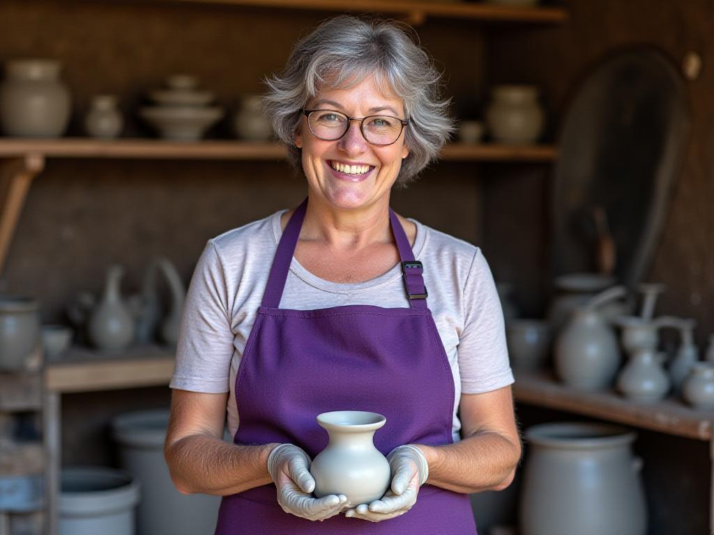 Traditional Irish potter with clay on her hands smiling